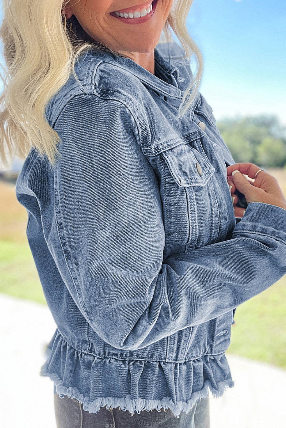 Denim Ruffle Raw Hem Jacket – RUSTIC LACE