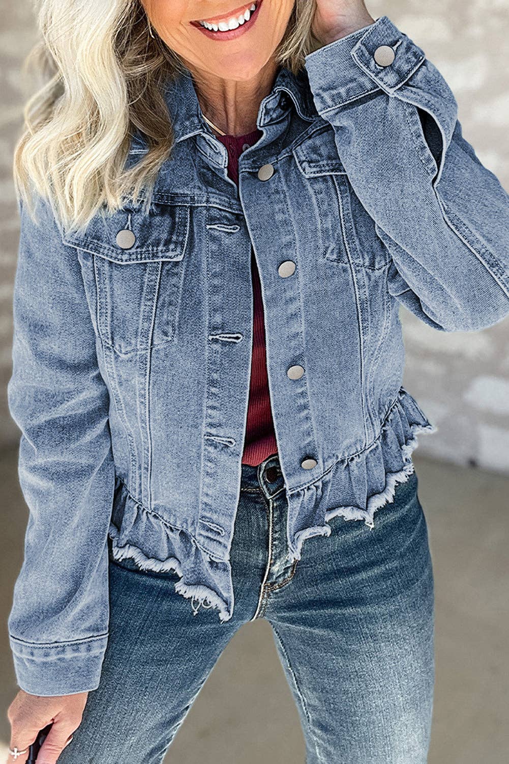 Denim Ruffle Raw Hem Jacket – RUSTIC LACE