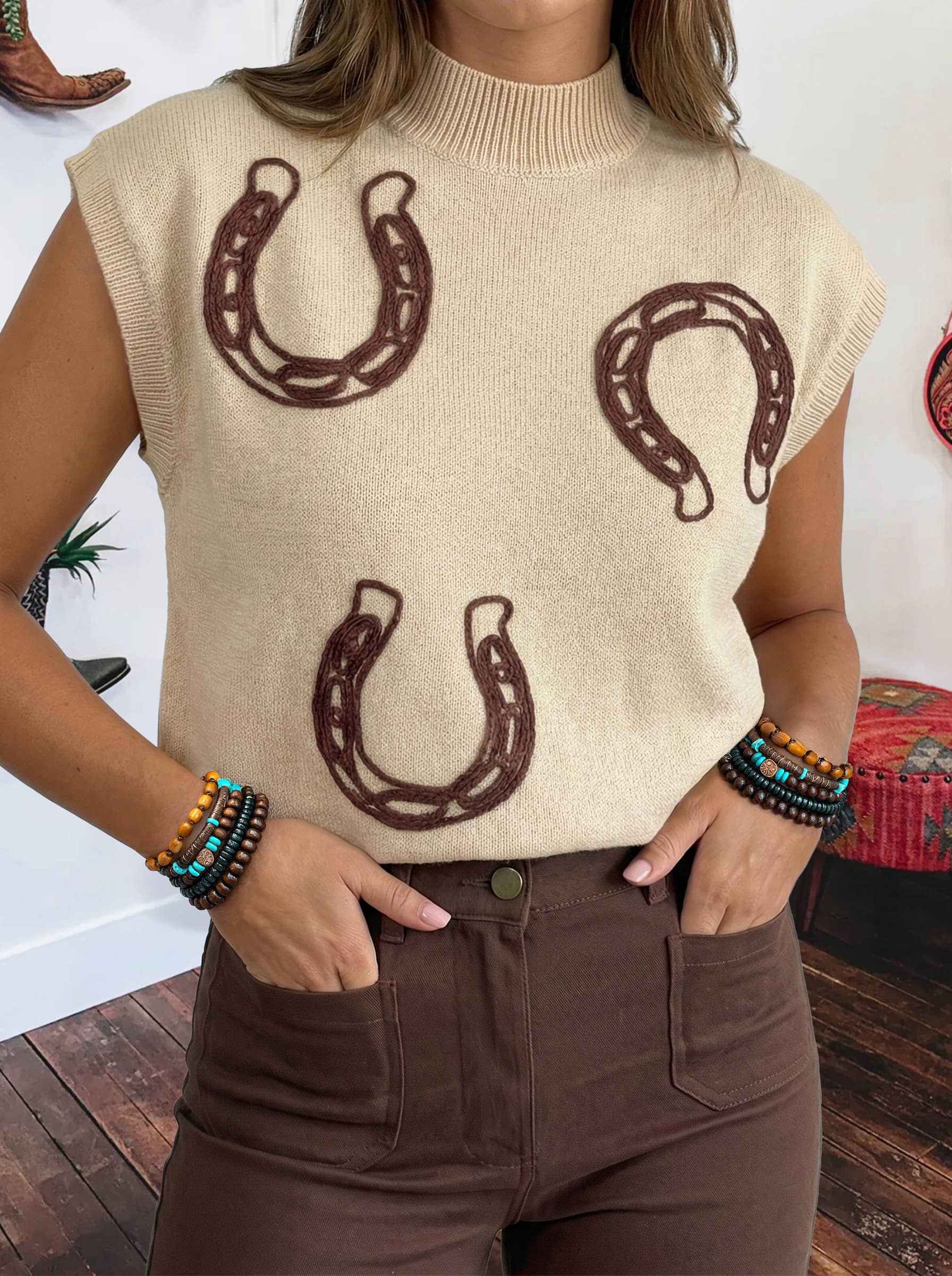 Pre Order - arrival by the end of June Full size Western Mock Neck Short Sleeve Knit Sweater/vest