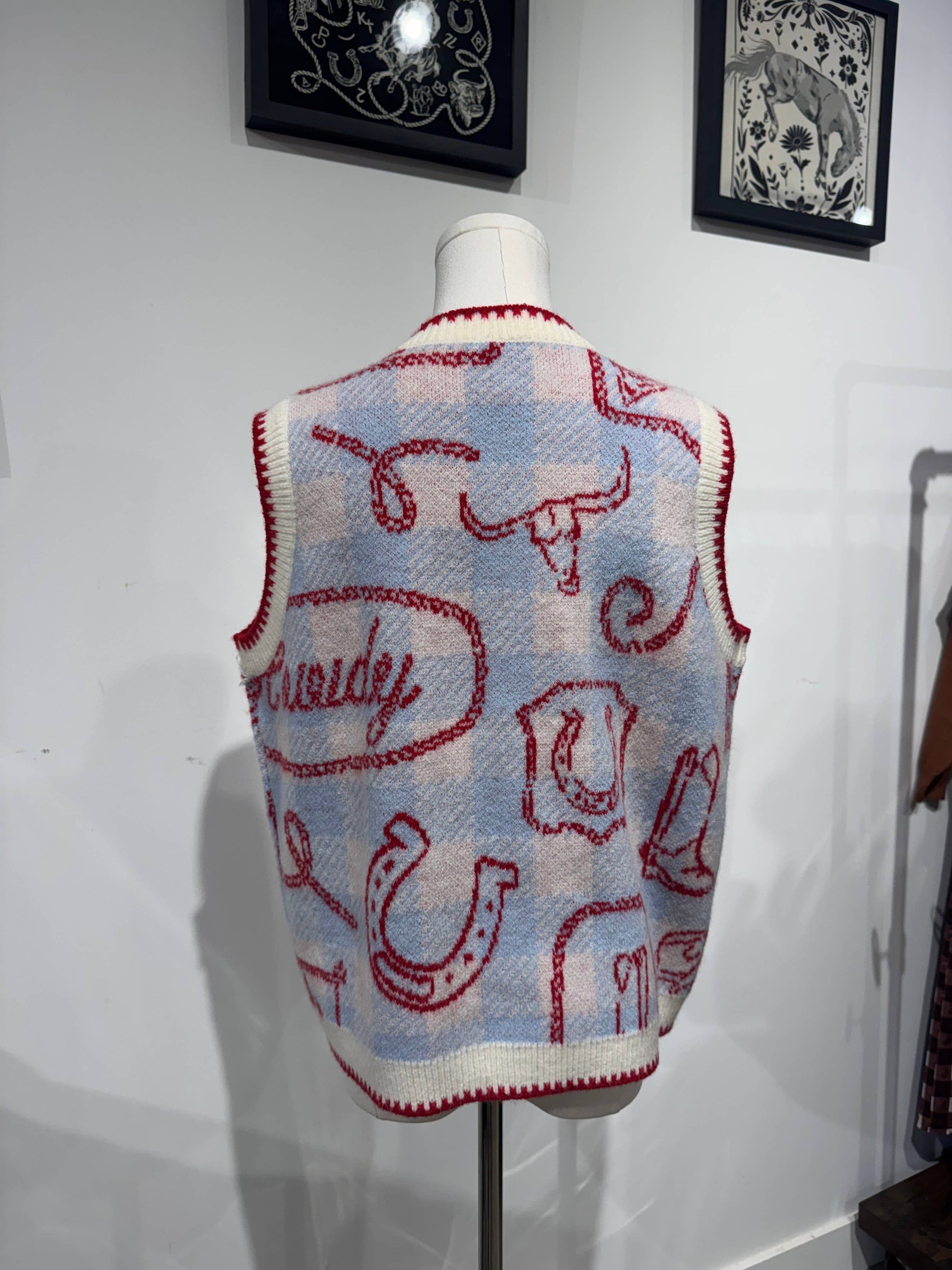 Howdy sweater vest with gingham western icon print red blue