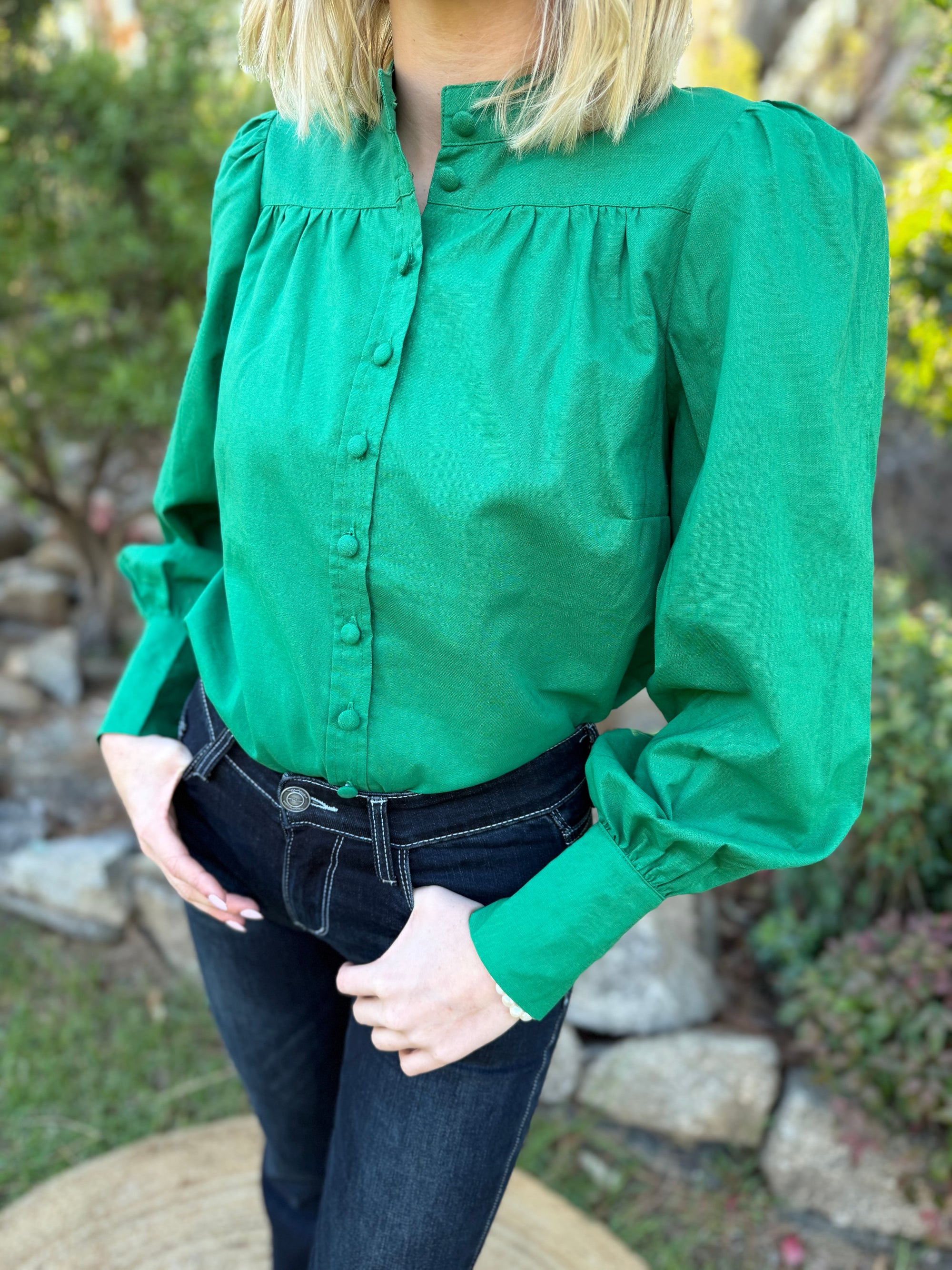 Emerald Ease Button Blouse