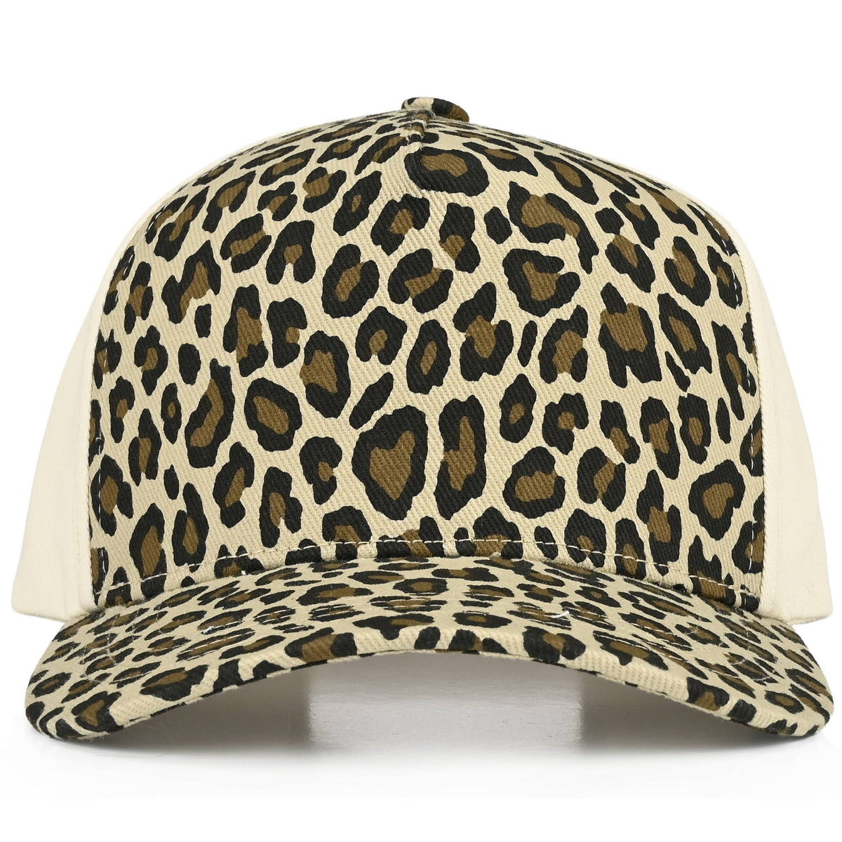Leopard Pattern Two Tone Criss-Cross Back Trucker Hat: Camel pony tail