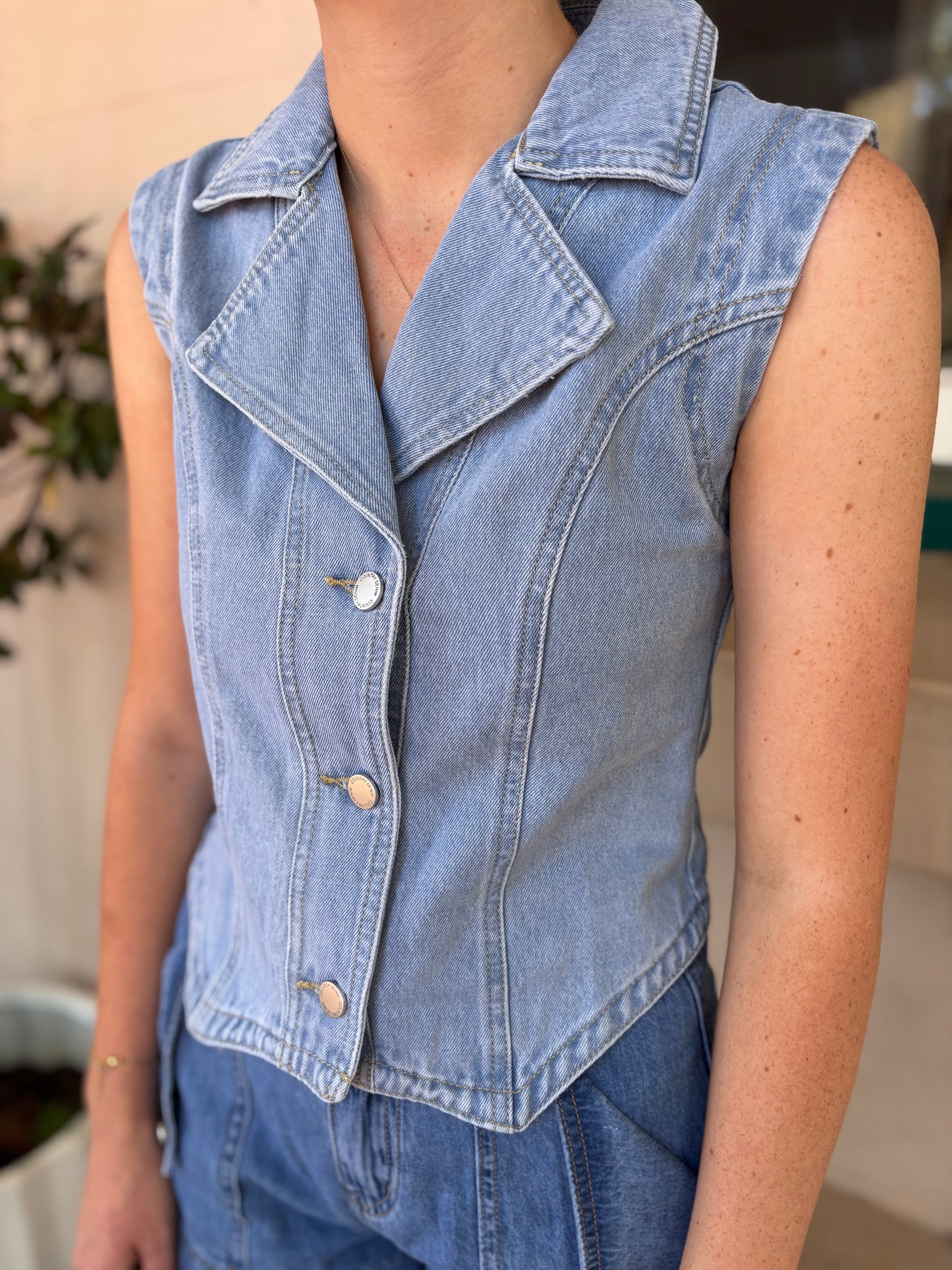 Collared Denim Vest - Denim