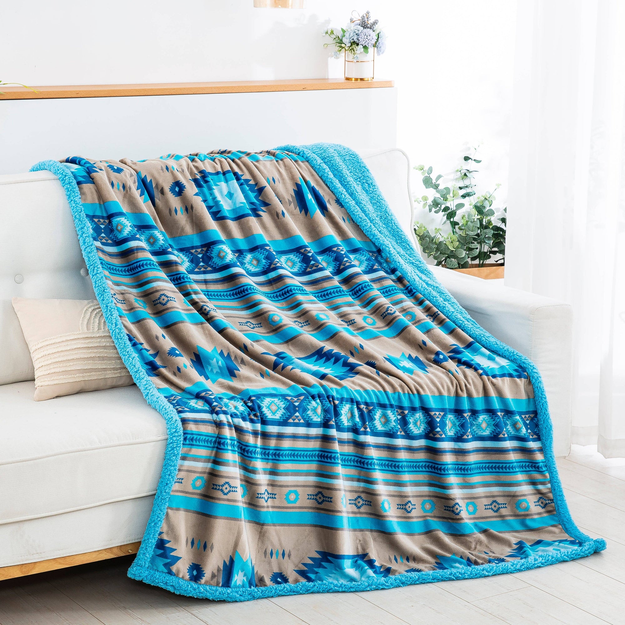 Stella Aztec Sherpa Line Throw  Blanket: Turquoise