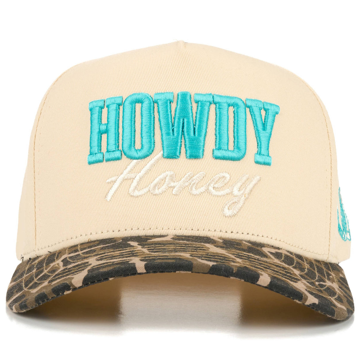 HOWDY HONEY Letter Embroidered on Two Tone Trucker Hat: Leopard