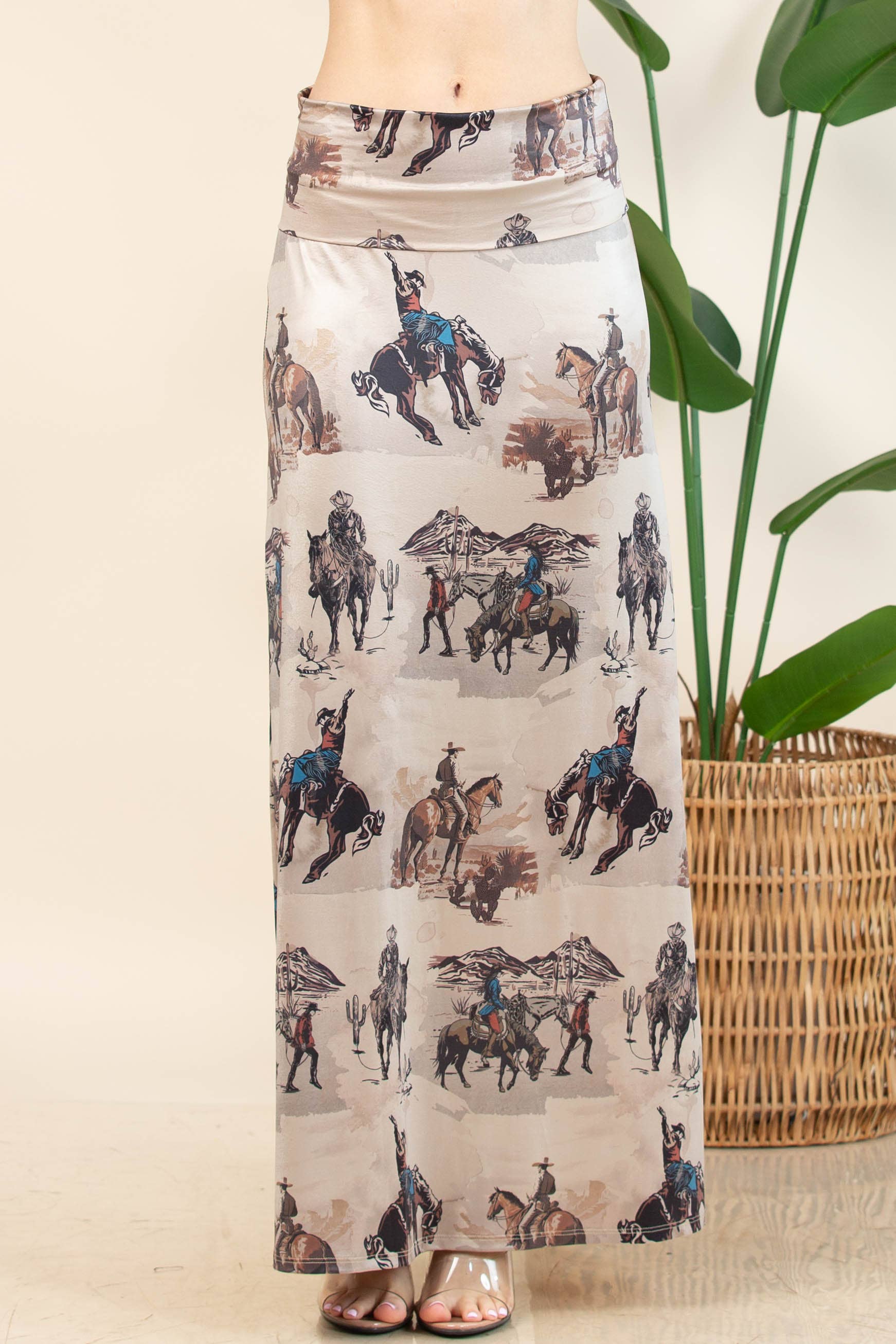 AV1244-ANINA WESTERN COWBOY PRINT A-LINE FULL KNIT SKIRT