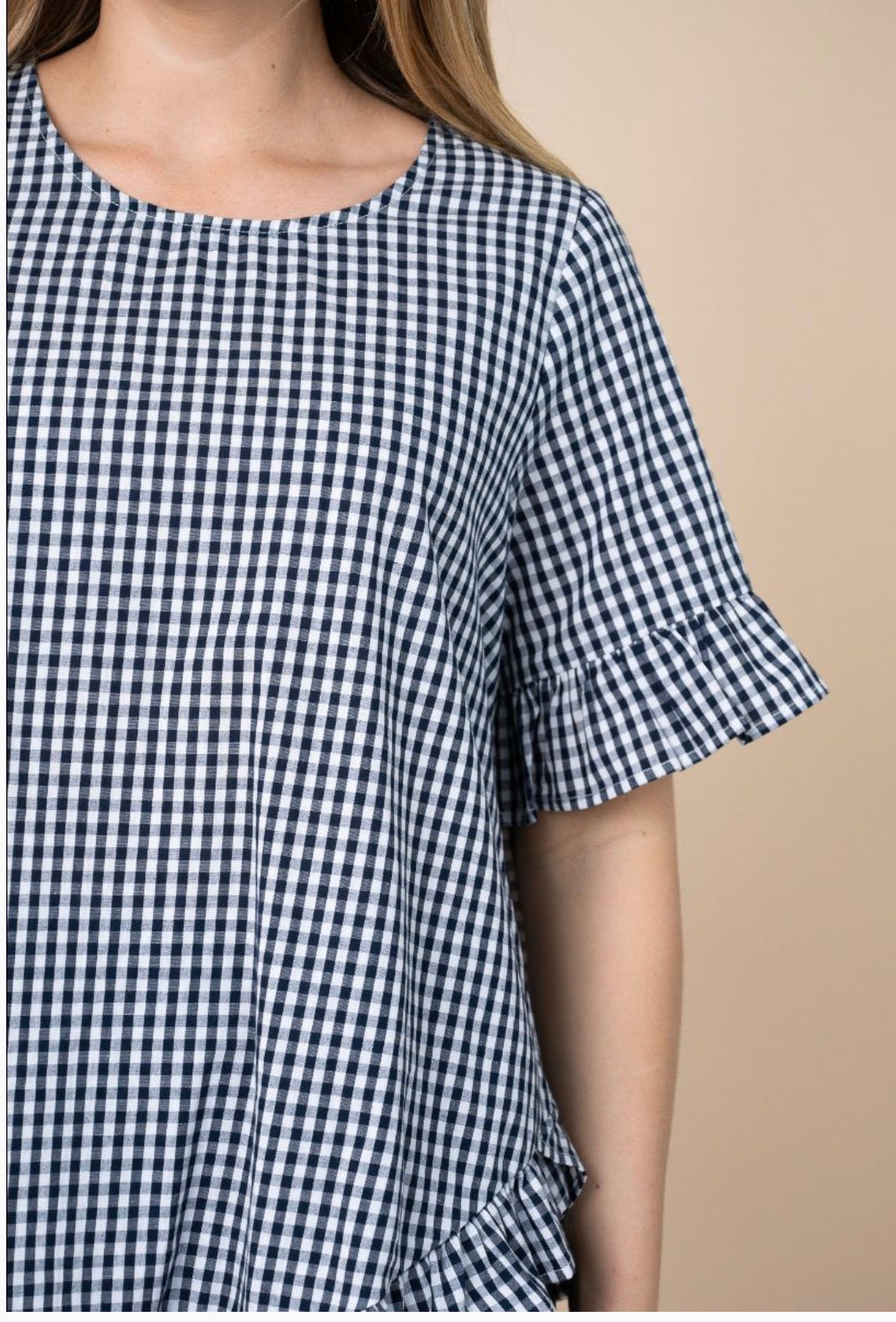 Cedar Check Frill Top Navy