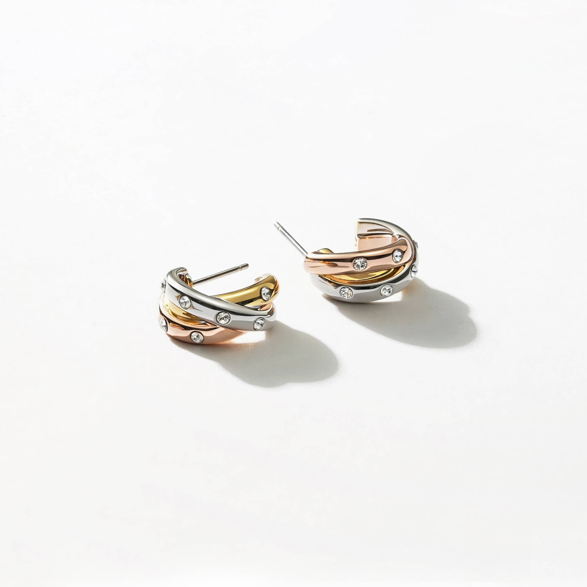 Trinity Studded Tri-Gold Plated Hoop Earrings
