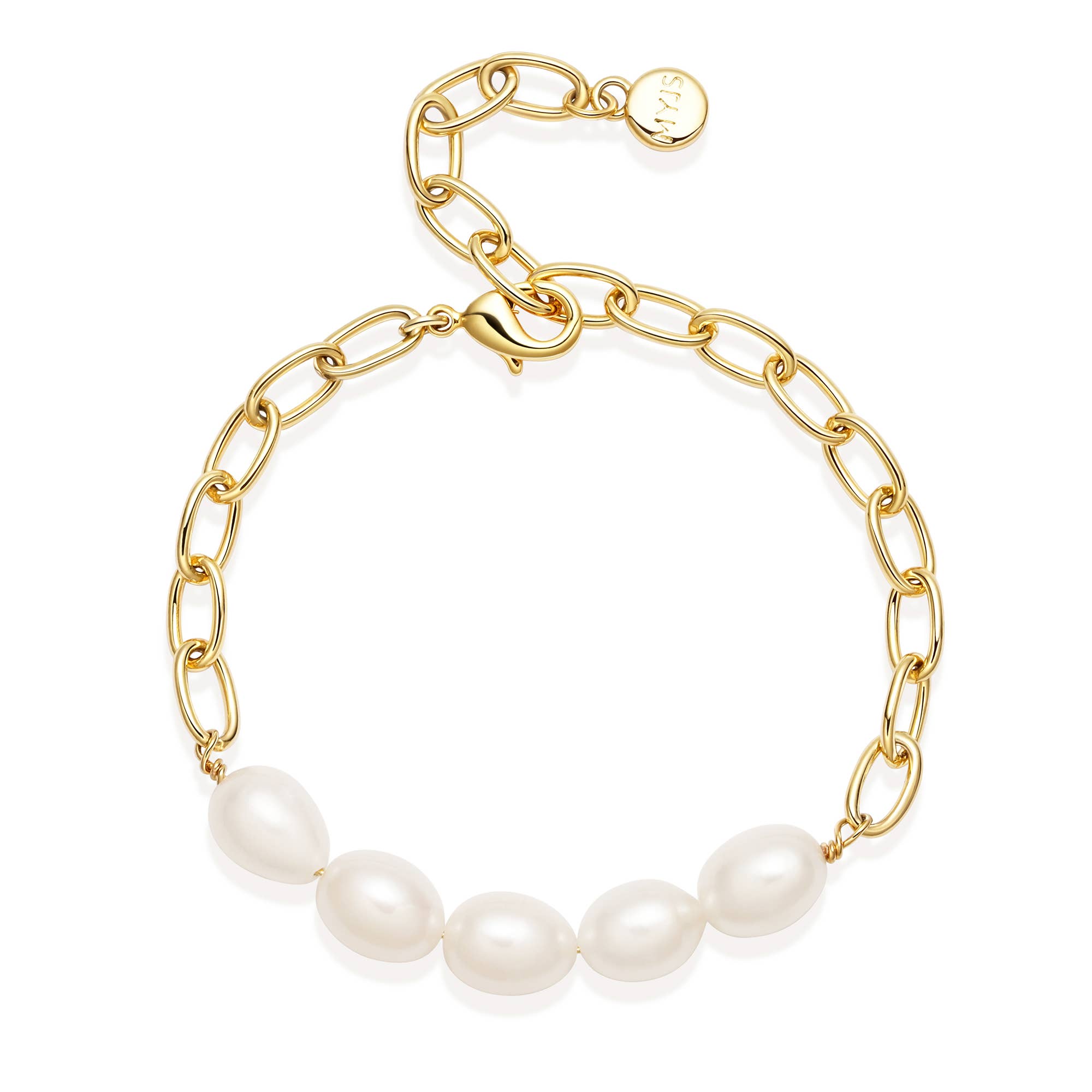 Bold Oval Freshwater Pearl Beaded Bracelet Gold Plated