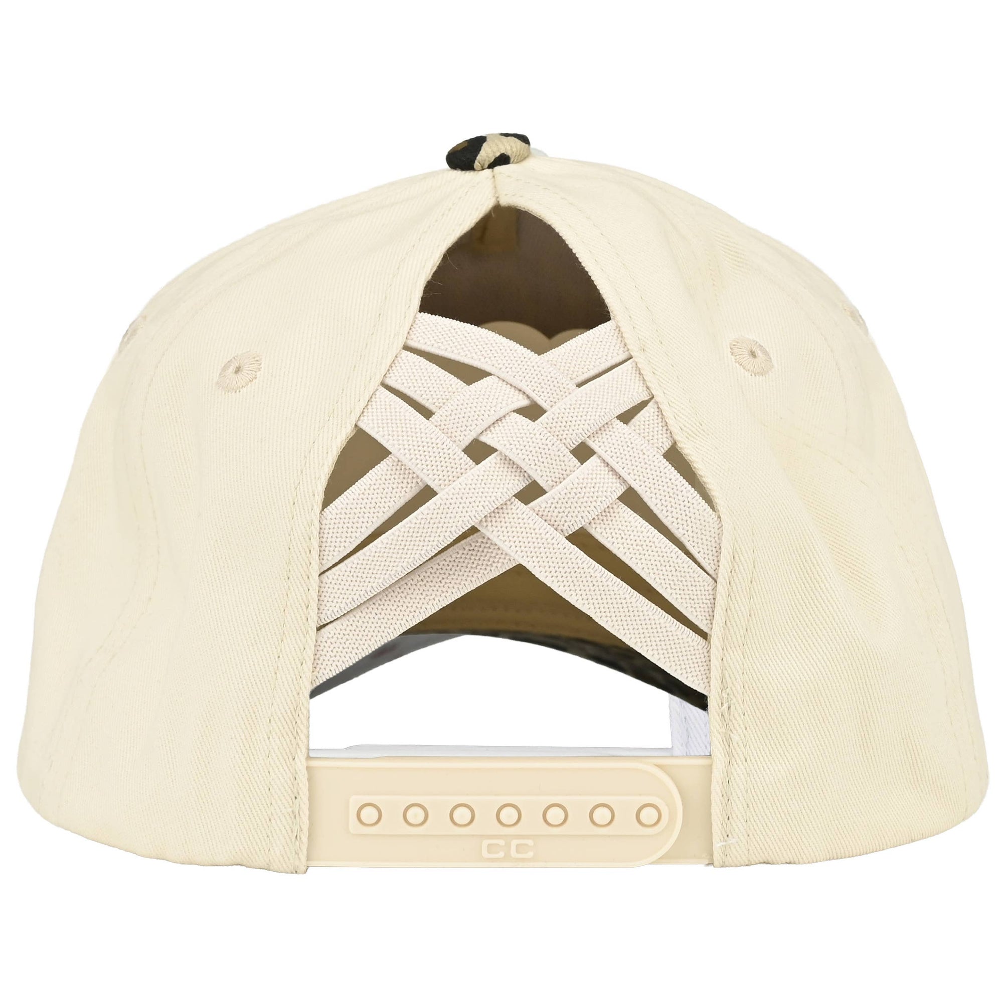 Leopard Pattern Two Tone Criss-Cross Back Trucker Hat: Camel pony tail