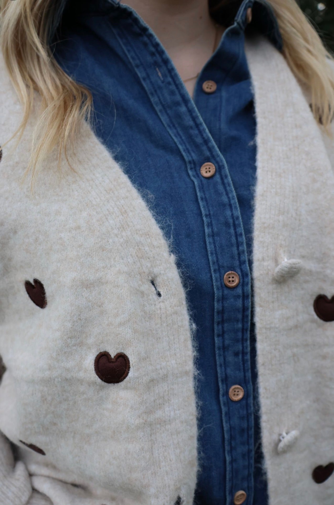 Button Knit with Love hearts- Cream