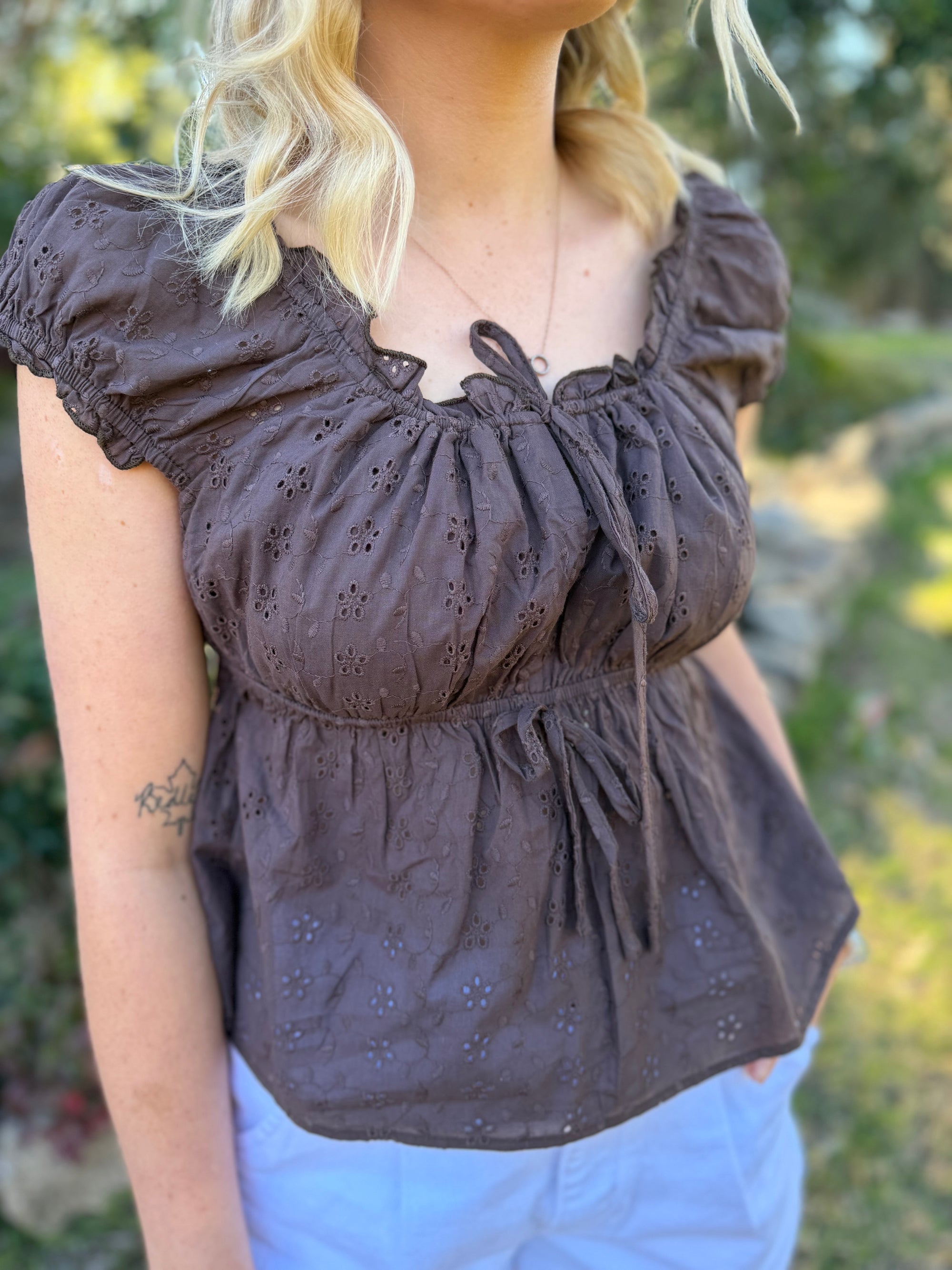 The Elsie Chocolate Broderie Top