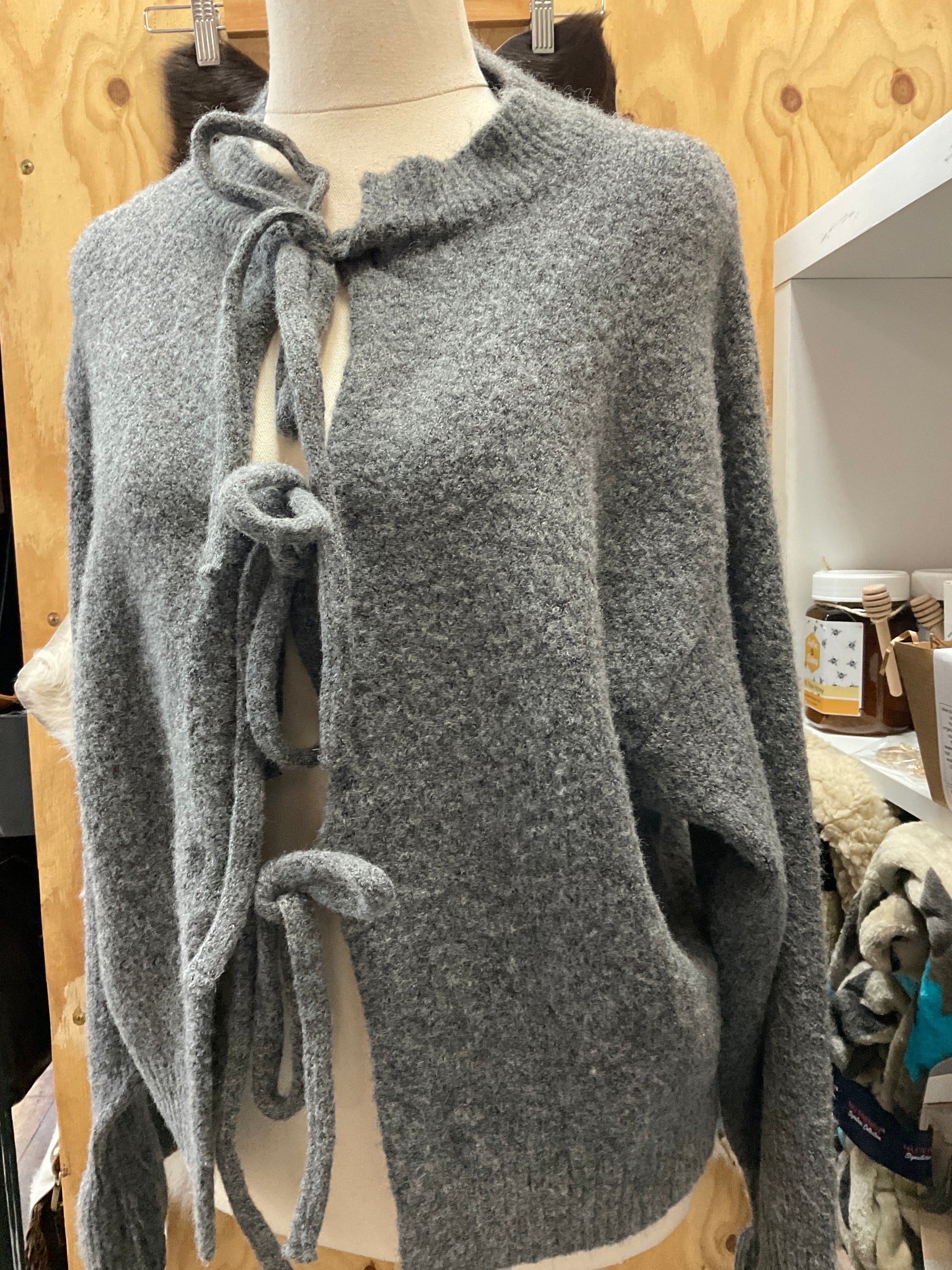 Cardigan - Tie Front Round Neck Loose - grey