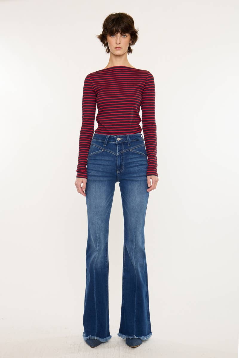 WESTERN HIGH RISE FRAYED HEM FLARE-KC7858M