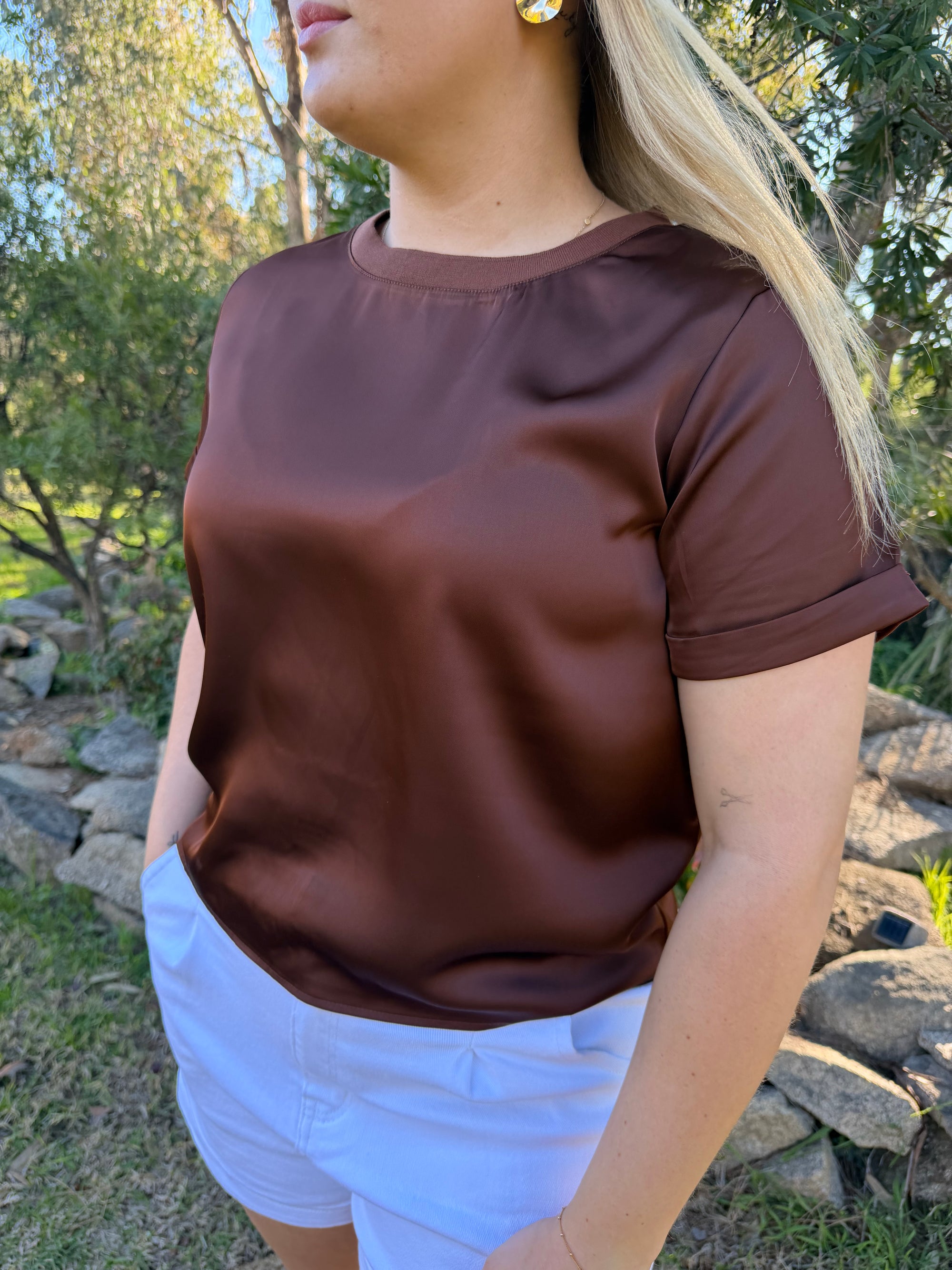 The Frankie Black Satin Tee brown