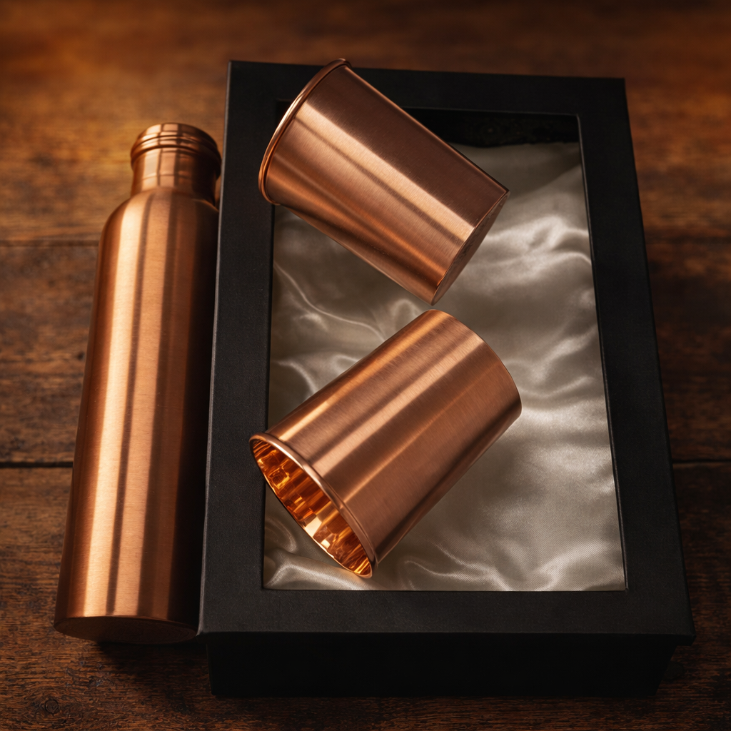 Pure Copper Bottle Gift Set with 2 Glasses – 950ml Bottle &amp; 300ml Tumblers
