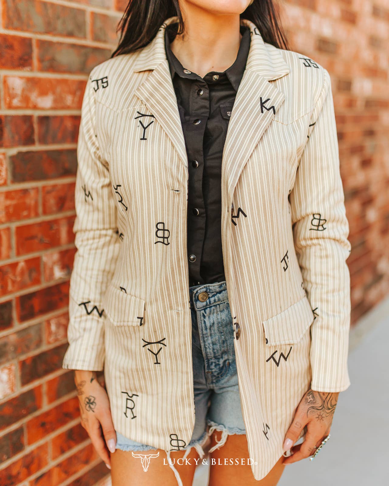 Plus Beige Pin Stripe Cattle Camel Yoke Button Down Blazer