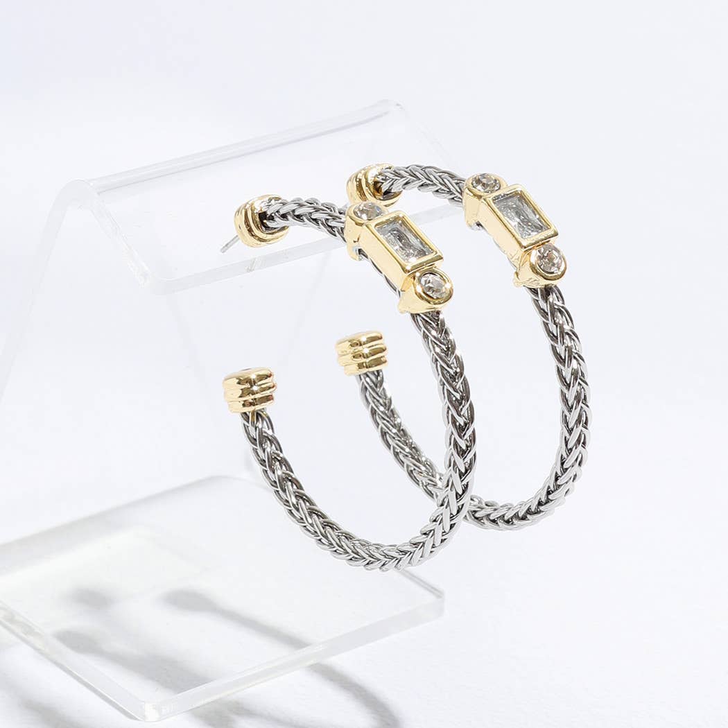 Braided Hoop Geometric Shape CZ Post Earrings