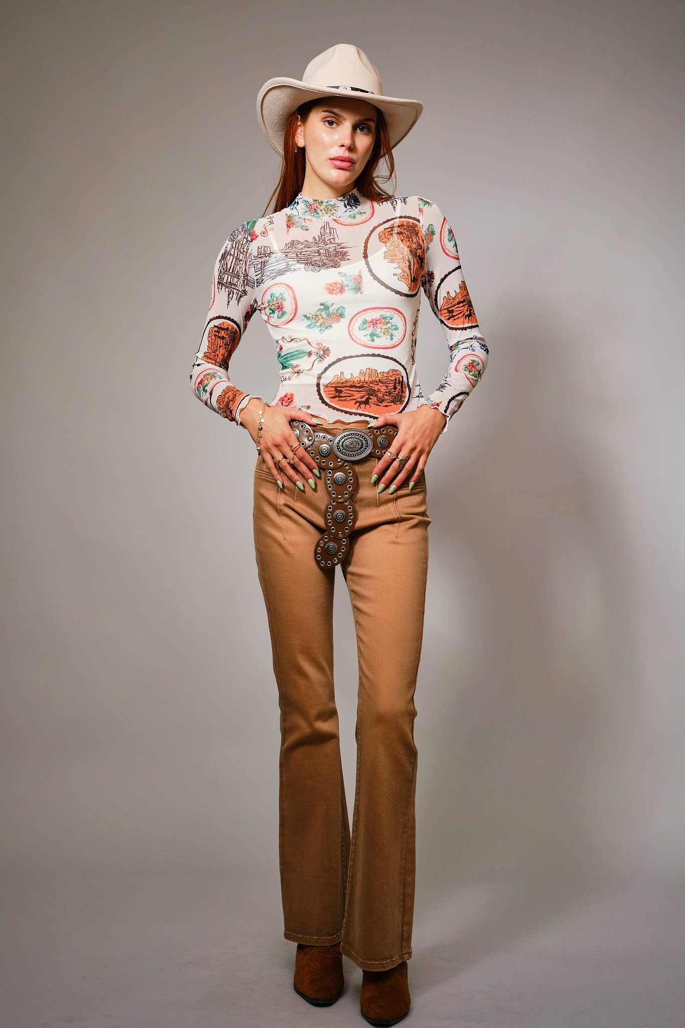 33147T Western Motif Mesh Mock Neck Top