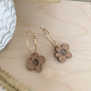 Moon Flowers Hoops Earrings | Cherrywood + Gold Glitter |