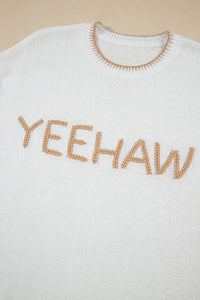 White Knitted YEEHAW Stitch Edge Crew Neck Sweater T Shirt