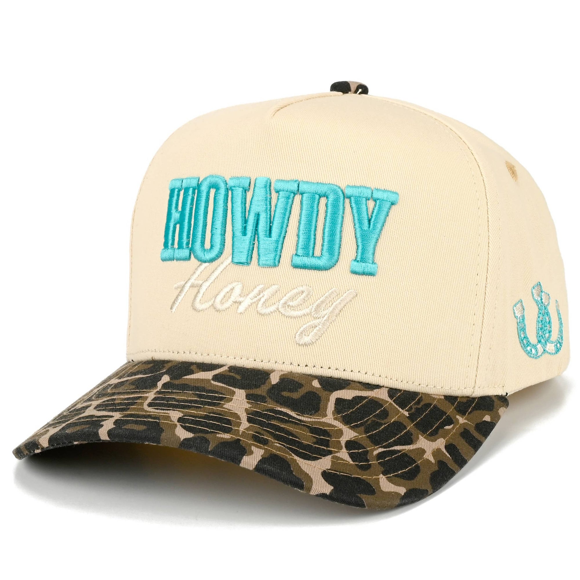 HOWDY HONEY Letter Embroidered on Two Tone Trucker Hat: Leopard