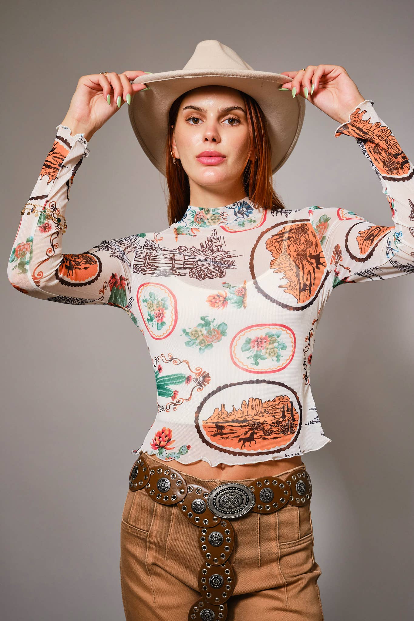 33147T Western Motif Mesh Mock Neck Top