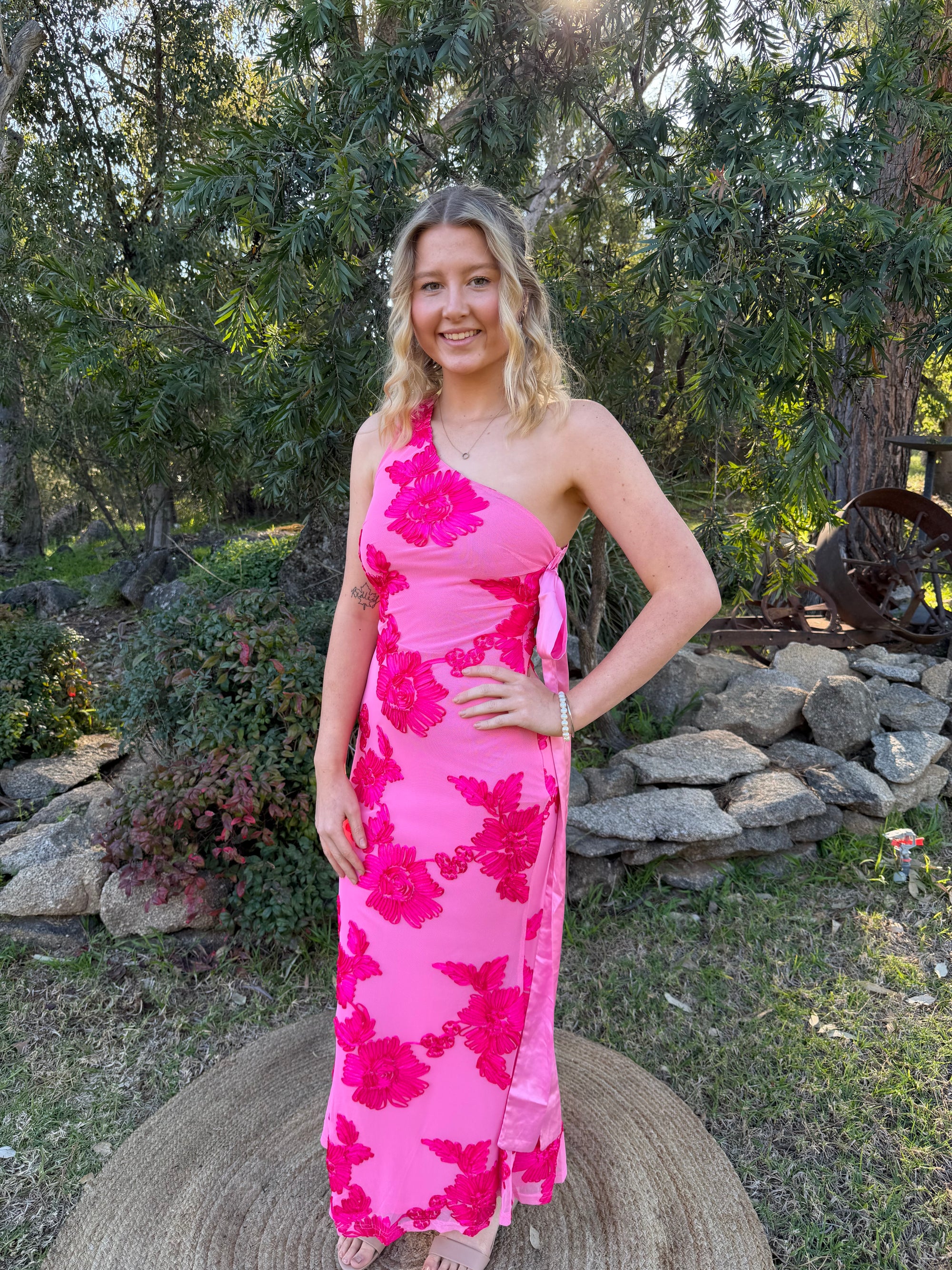Pink Magnolia One Shoulder Maxi Dress