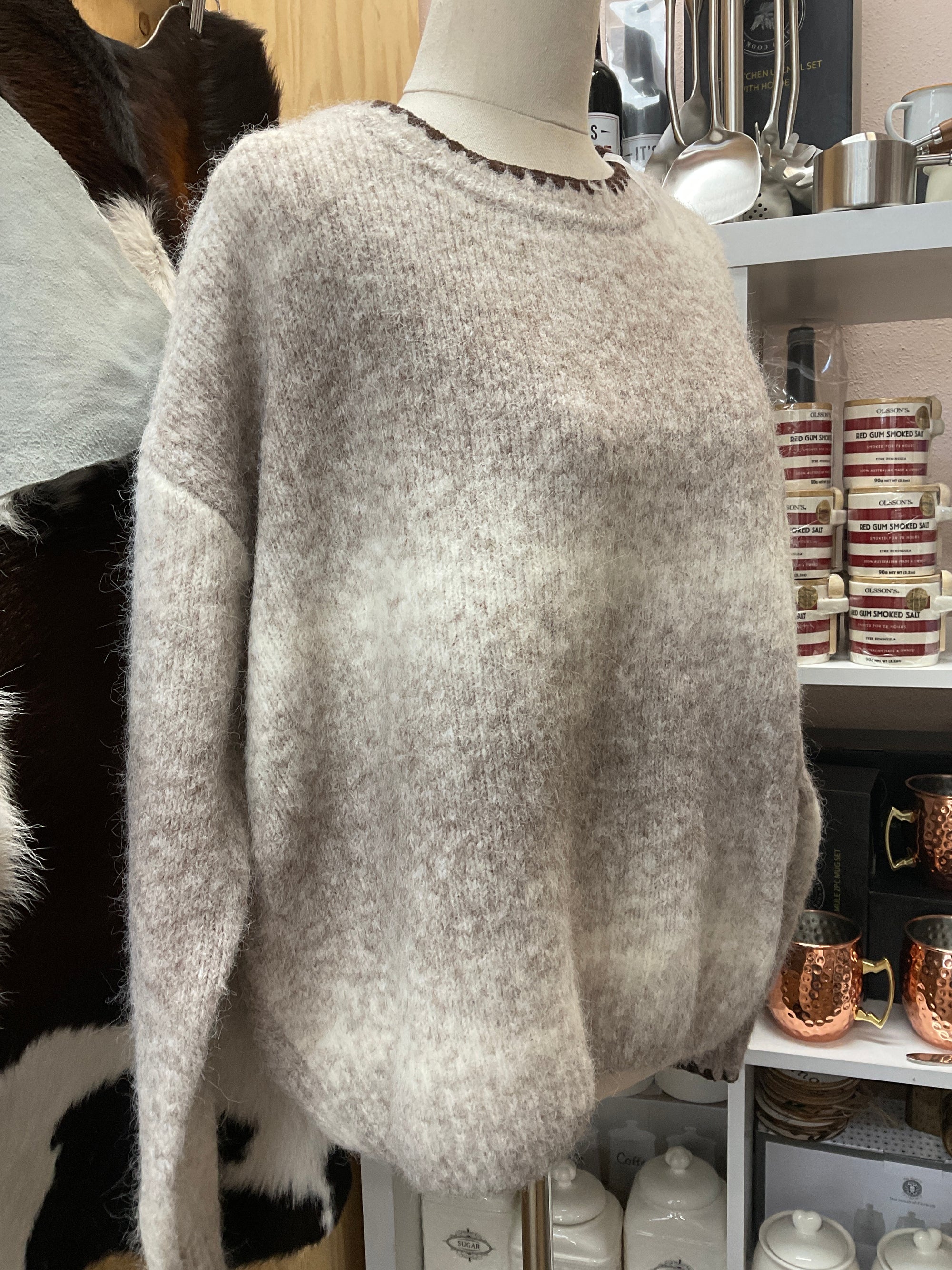 Oat stripe with brown stitching