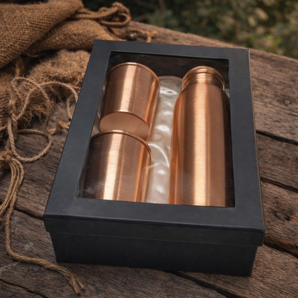 Pure Copper Bottle Gift Set with 2 Glasses – 950ml Bottle &amp; 300ml Tumblers