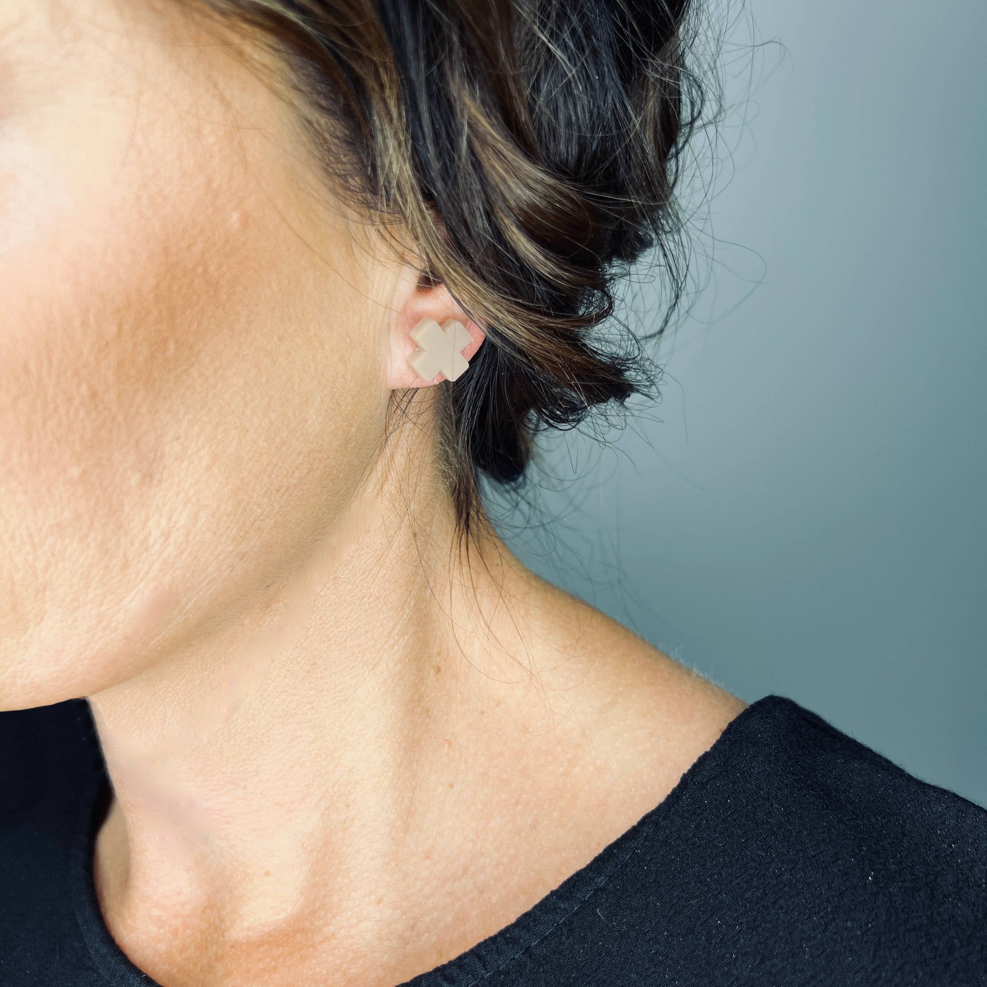 Taupe Cross Stud Earrings - Small Cross Earrings, Minimalist