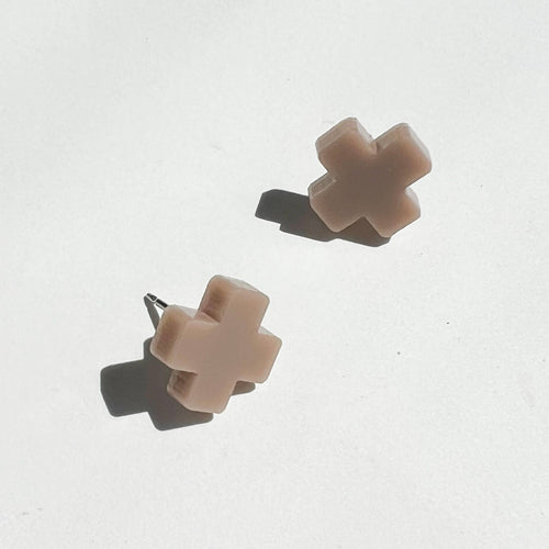 Taupe Cross Stud Earrings - Small Cross Earrings, Minimalist