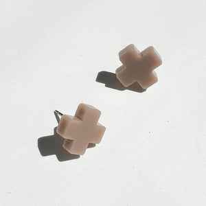 Taupe Cross Stud Earrings - Small Cross Earrings, Minimalist