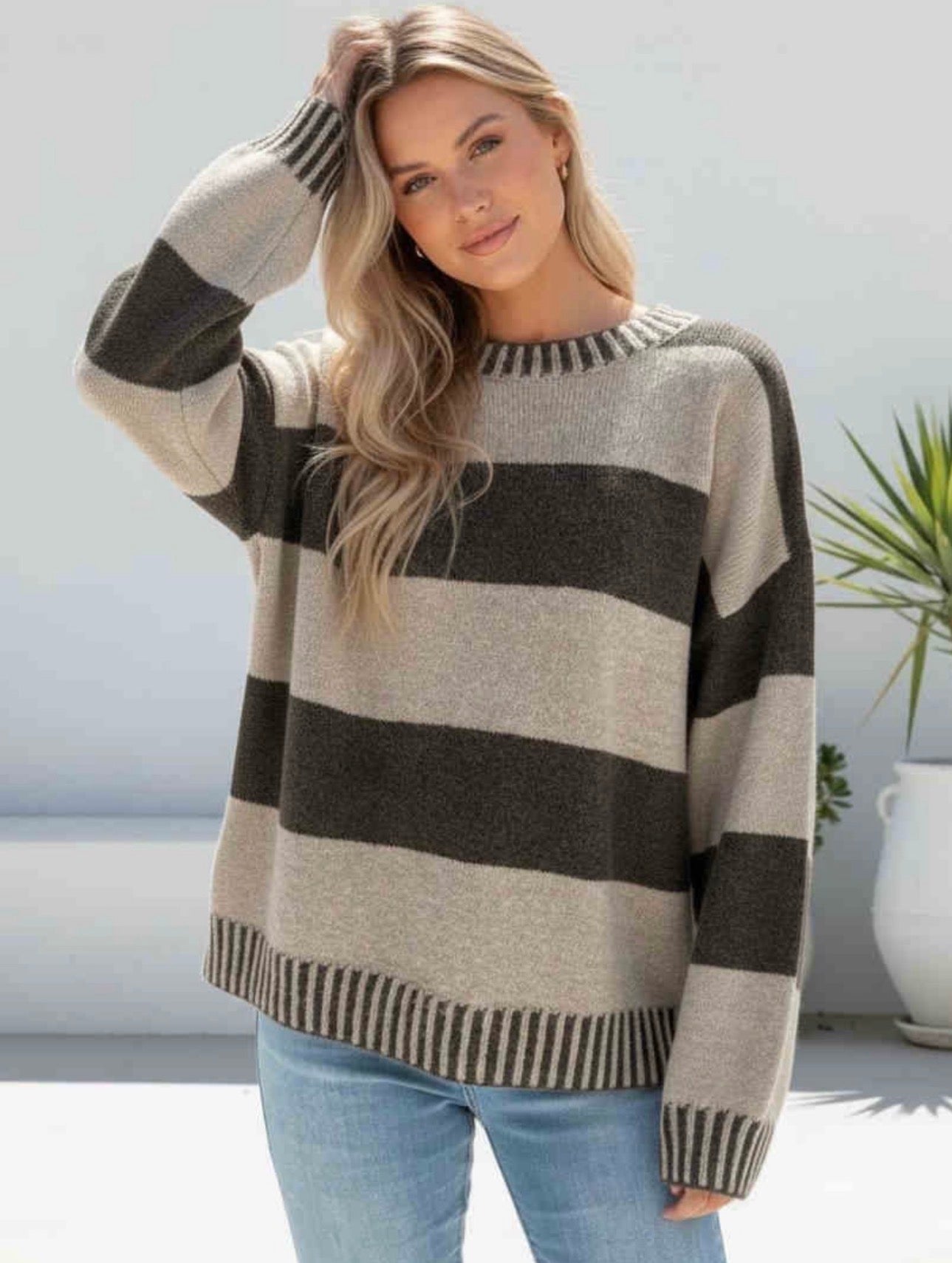 Oat &amp; Charcoal Stripe Knit