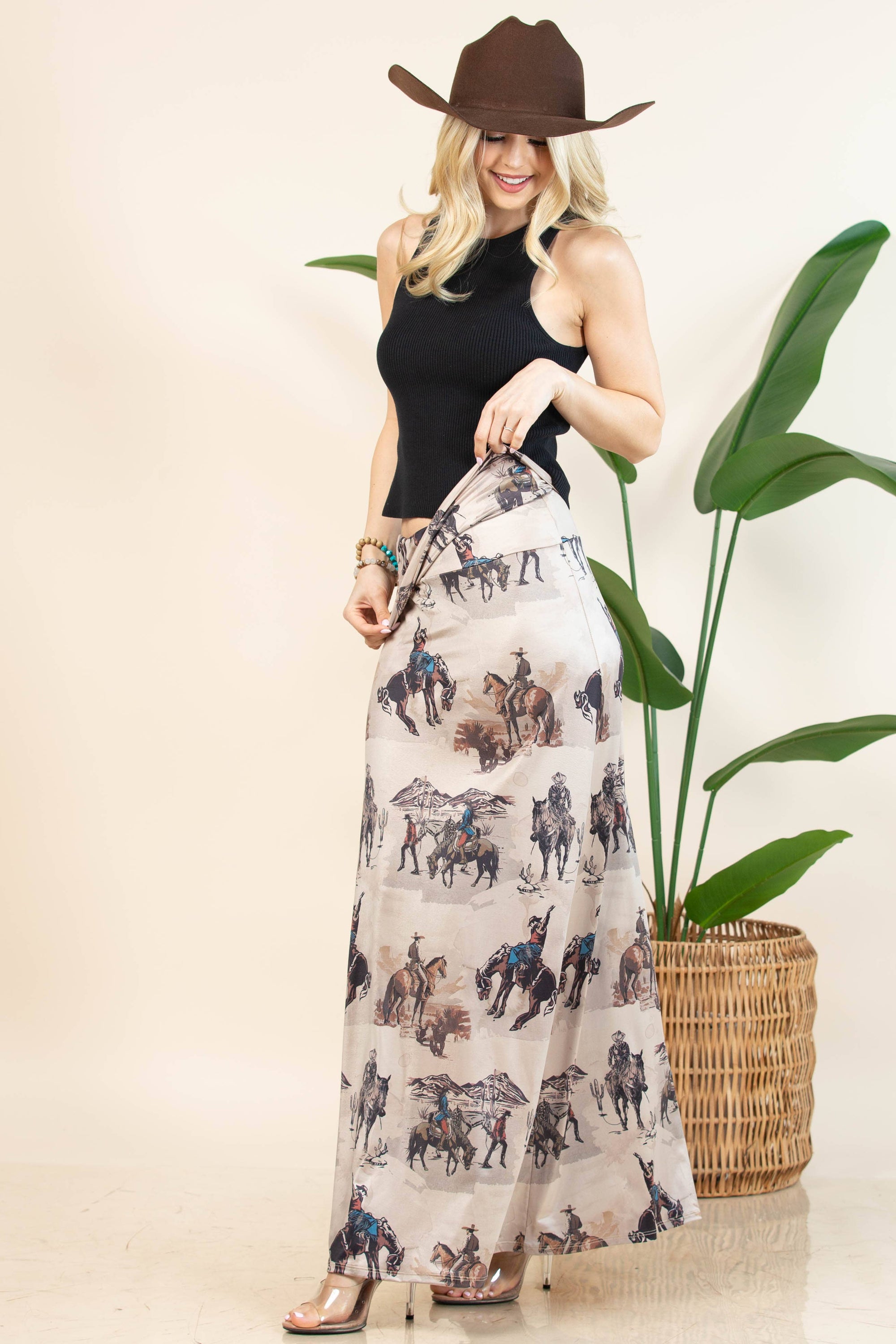 AV1244-ANINA WESTERN COWBOY PRINT A-LINE FULL KNIT SKIRT