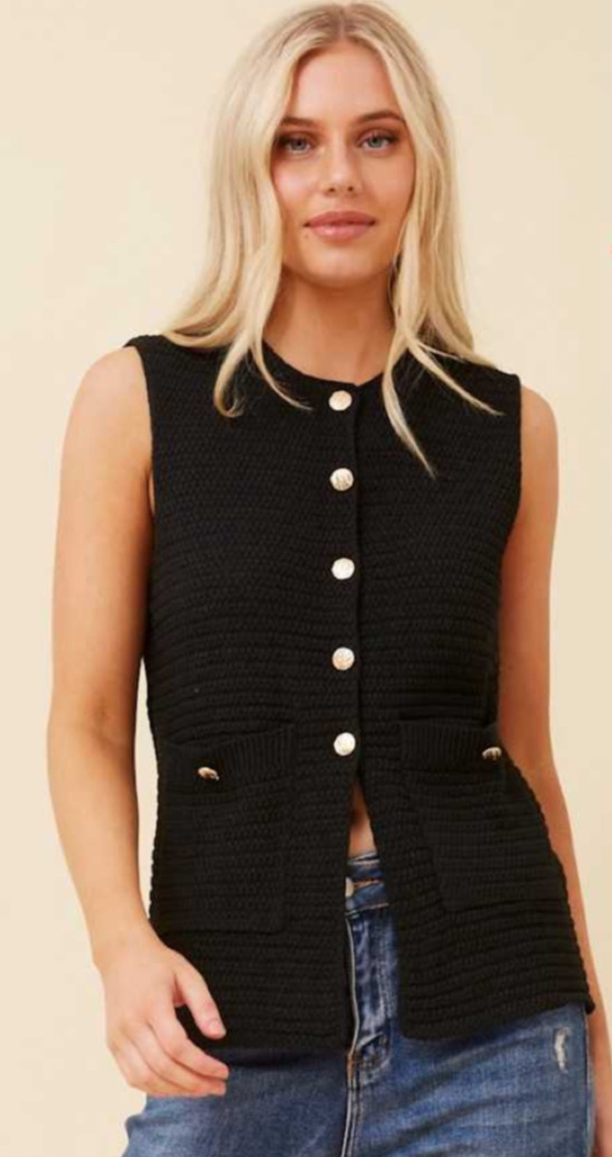 Button Front Knit Vest- black