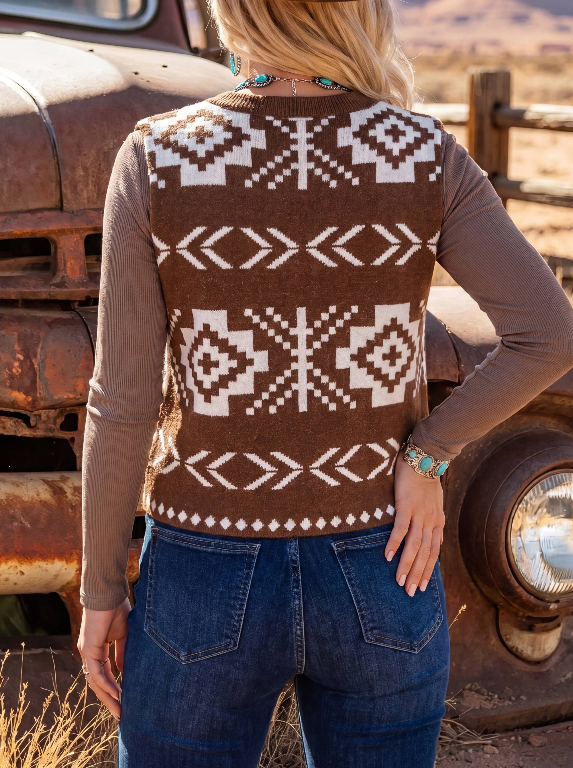 Pre Order - arrival by the end of June Western Amber Aztec Print Sleeveless Knit Vest