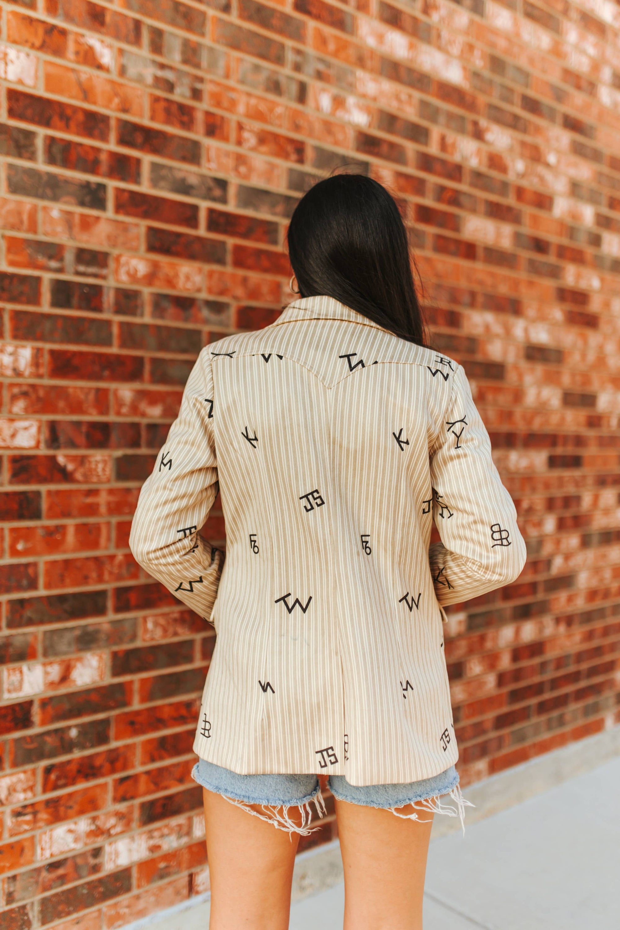 Plus Beige Pin Stripe Cattle Camel Yoke Button Down Blazer
