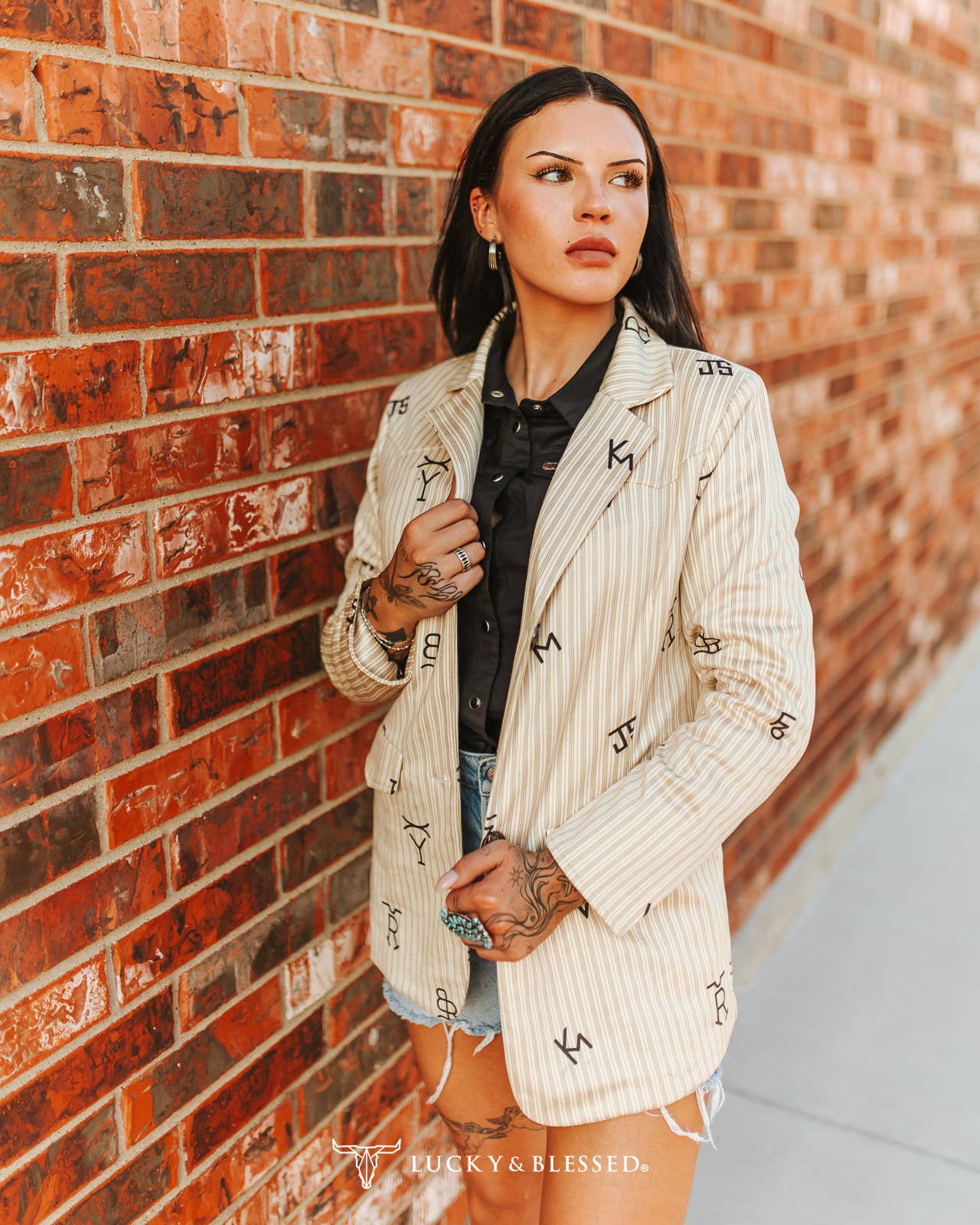 Plus Beige Pin Stripe Cattle Camel Yoke Button Down Blazer