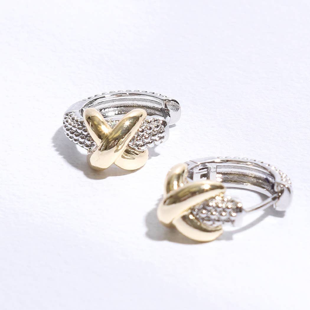 Criss Cross Silver Gold Pave Huggie Earrings