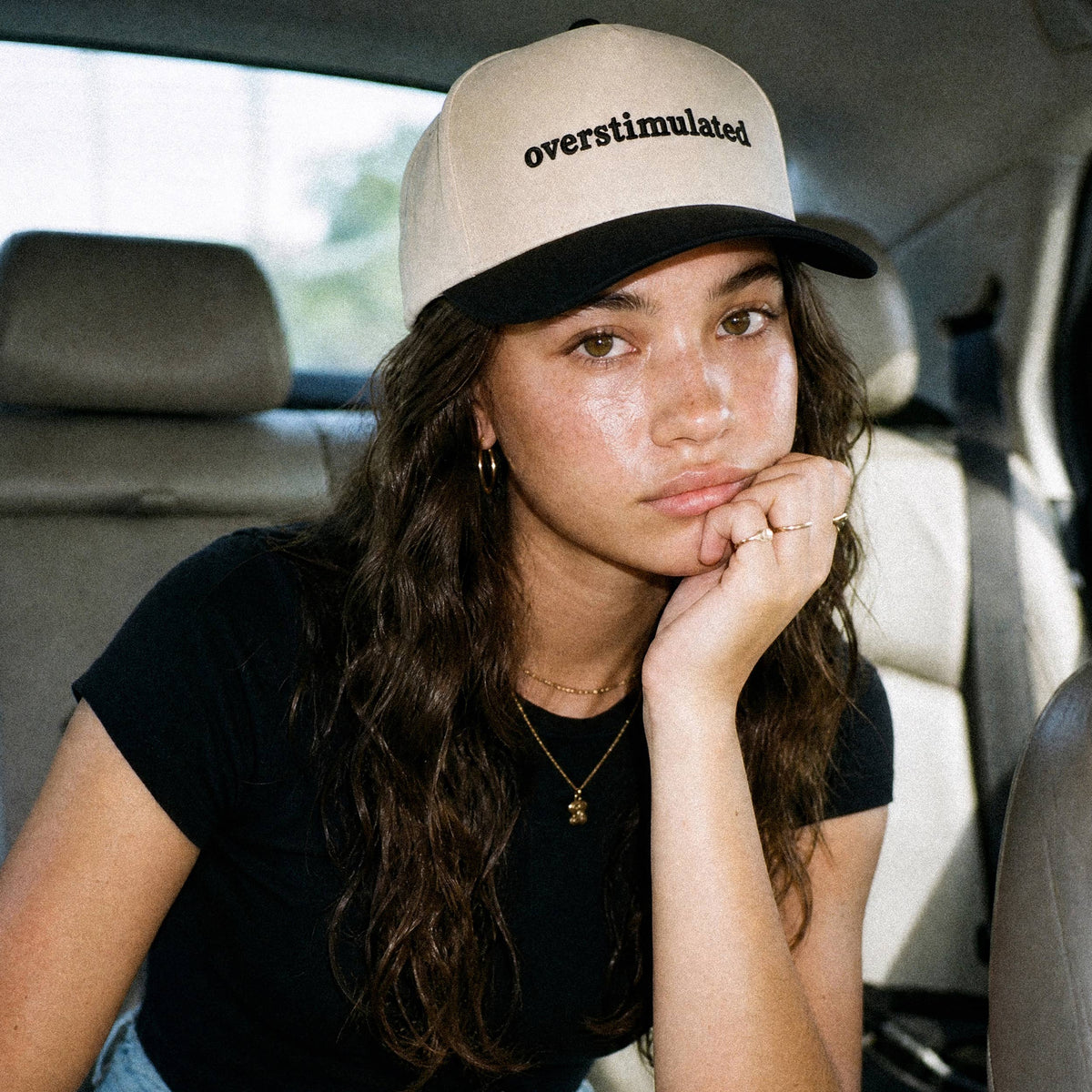 OVERSTIMULATED Letter Embroidered Two Tone Trucker Cap: Black