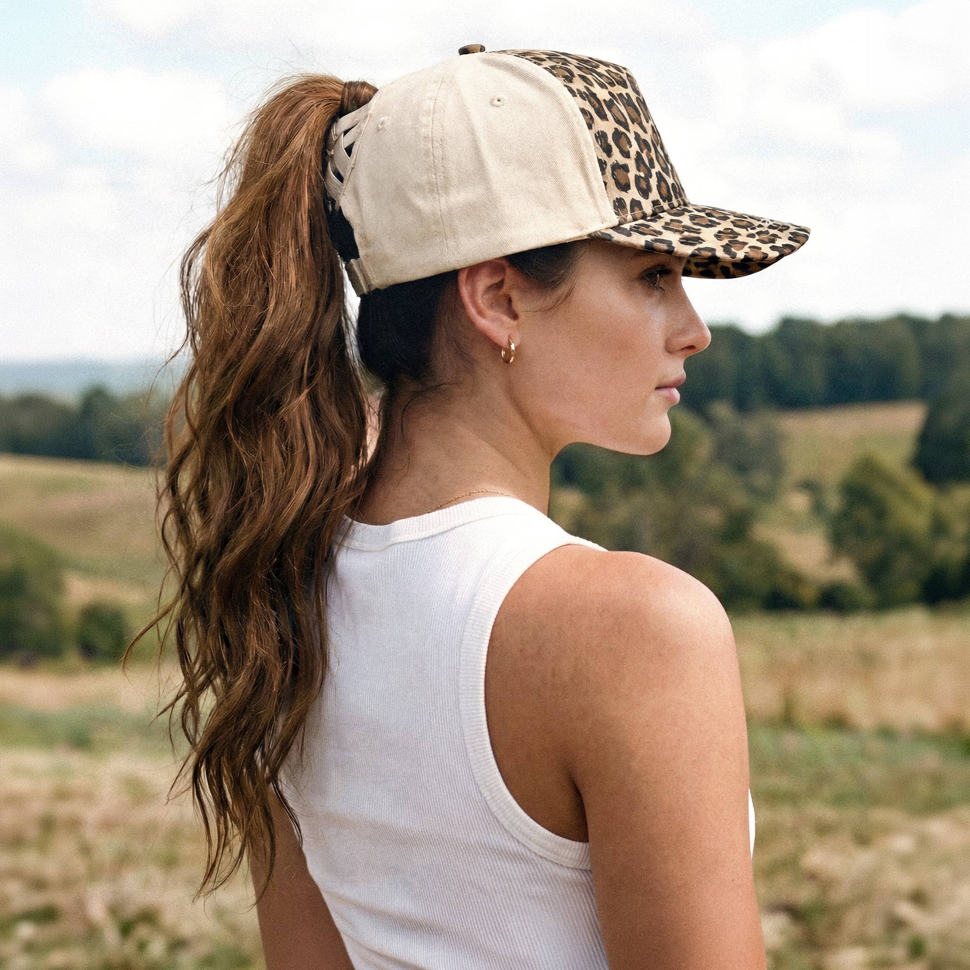 Leopard Pattern Two Tone Criss-Cross Back Trucker Hat: Camel pony tail