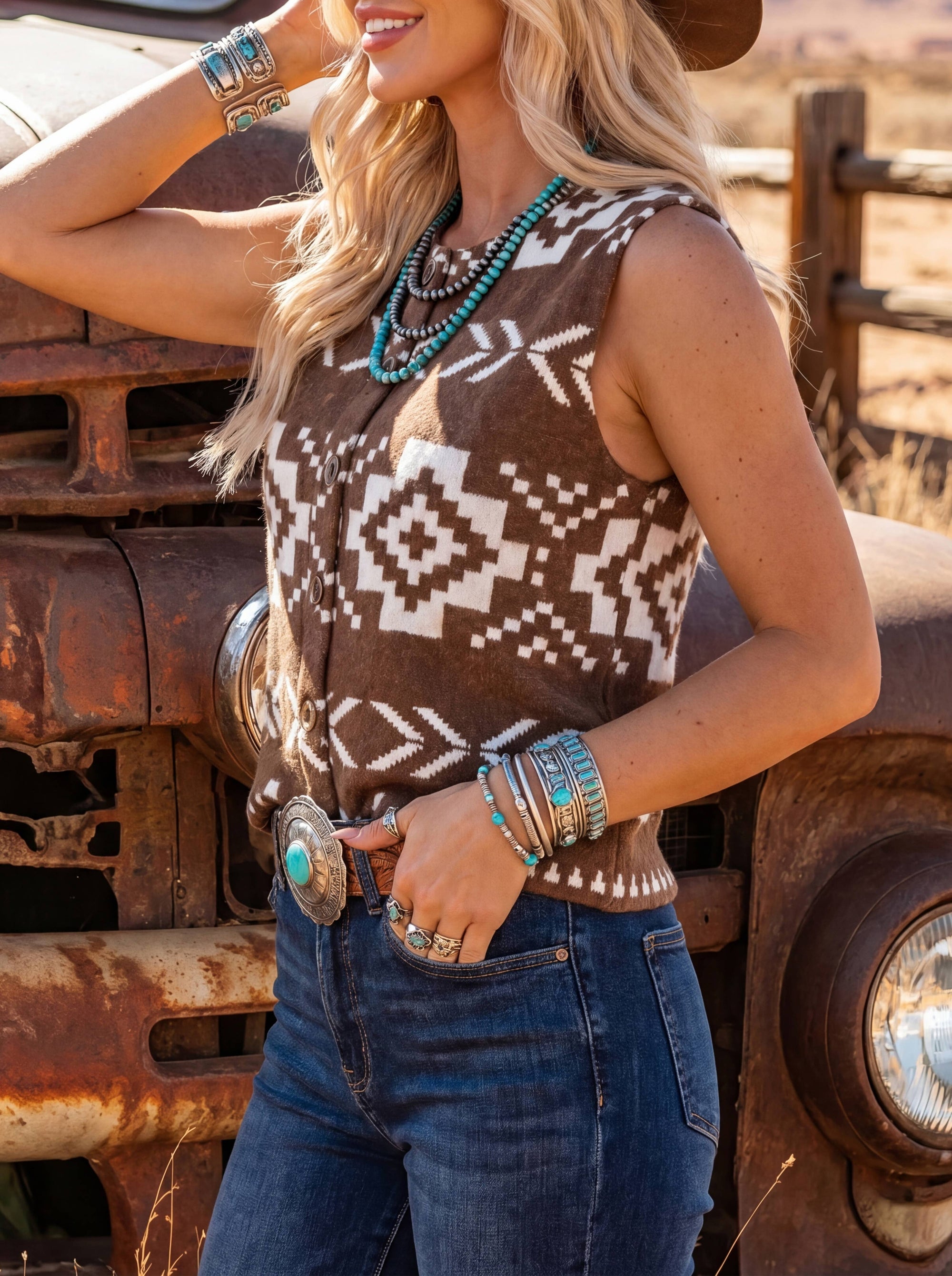 Pre Order - arrival by the end of June Western Amber Aztec Print Sleeveless Knit Vest