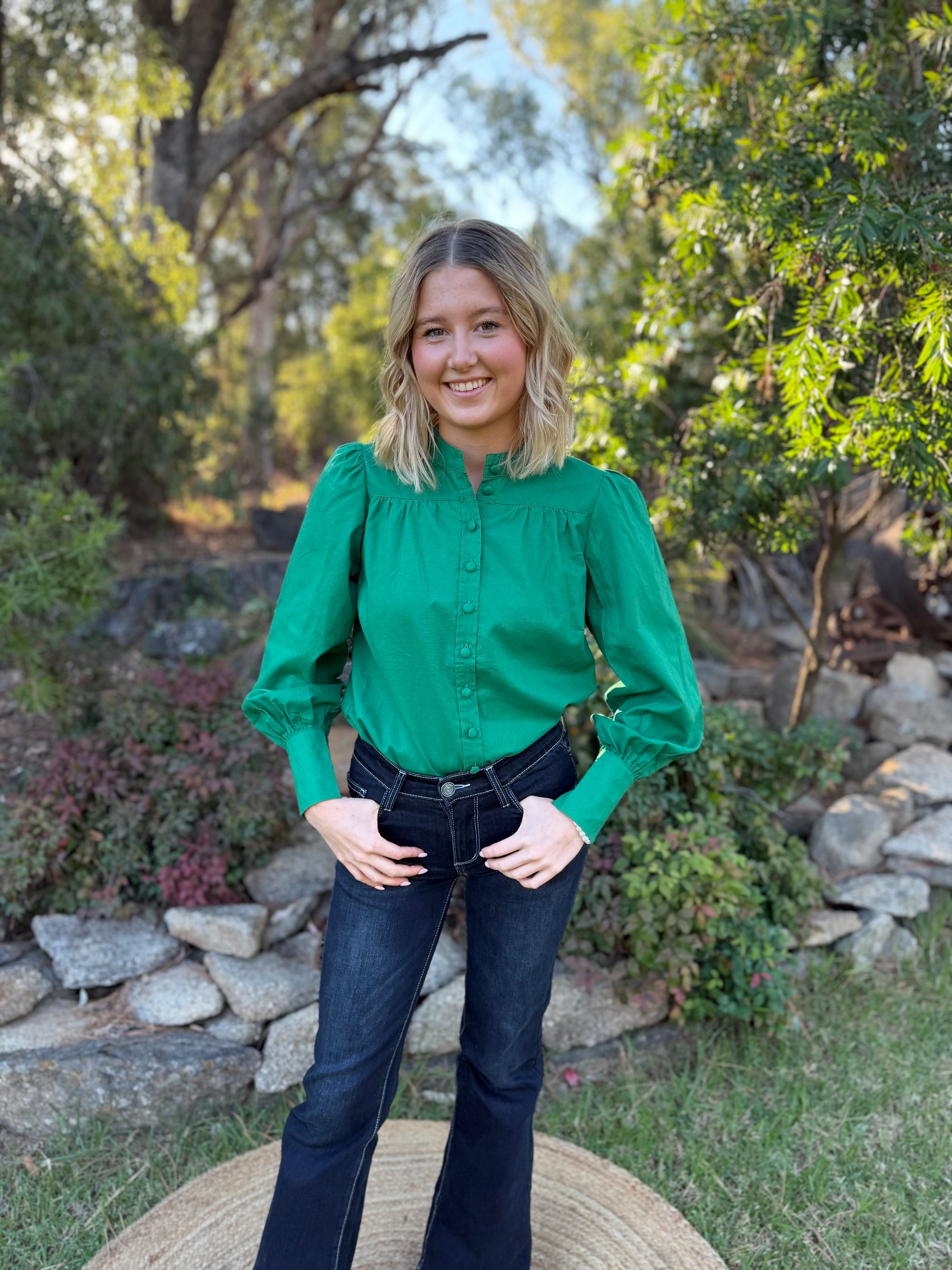 Emerald Ease Button Blouse