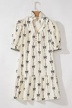 Beige Bowknot Printed Bubble Sleeve V Neck Mini Dress