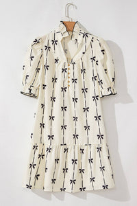 Beige Bowknot Printed Bubble Sleeve V Neck Mini Dress