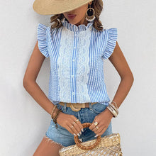 Stylish Striped Lace Ruffle Fly Sleeve Patchwork Cardigan Shirt for Women