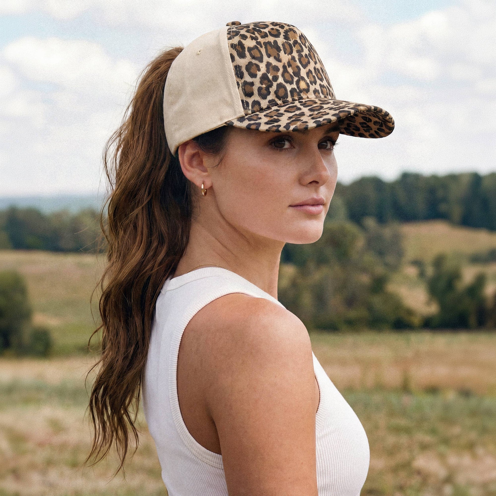 Leopard Pattern Two Tone Criss-Cross Back Trucker Hat: Camel pony tail