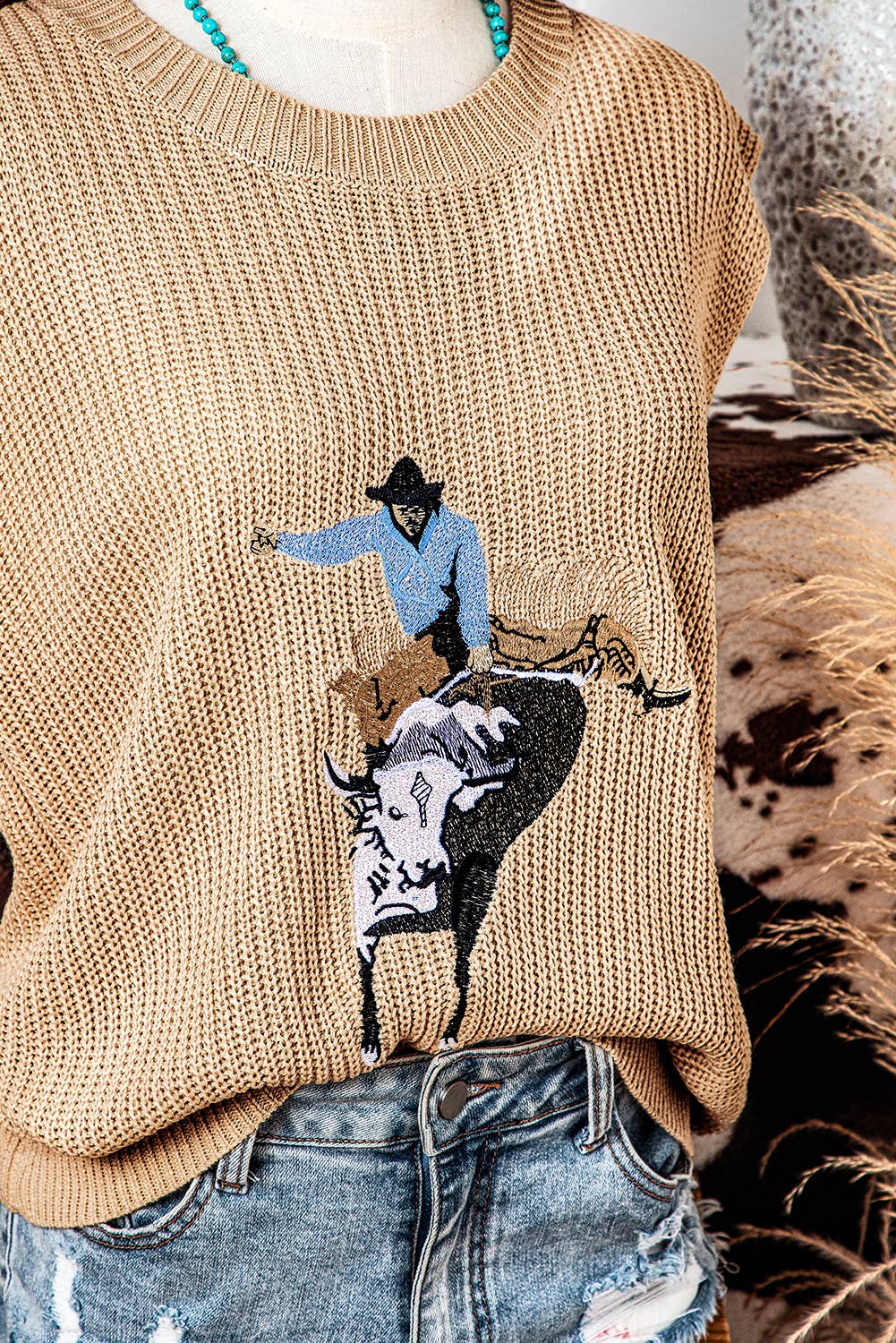 Pre Order - arrival by the end of June Cowboy Embroidery Sleeveless Sweater/vest
