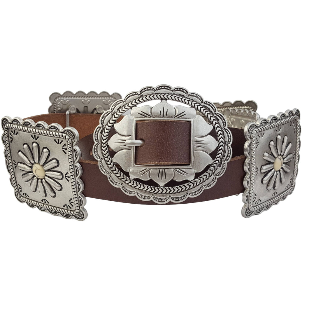 Western Bone Colour  Concho Belt in Genuine Cowhide Leather